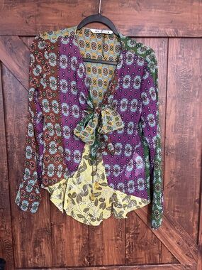 Zara Purple, Green, Brown & Yellow Printed Tie-Neck Blouse